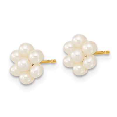 14K Yellow Gold 2-3mm White Button Freshwater Cultured Pearl Flower Earrings