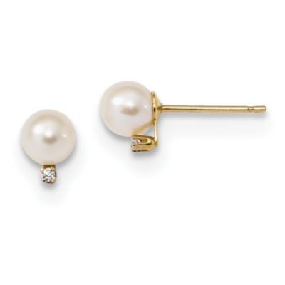 14K Yellow Gold 5-5.5mm White Round Freshwater Cultured Pearl CZ Post Earrings