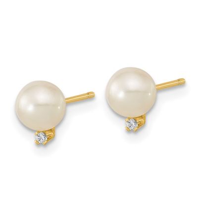 14K Yellow Gold 5-5.5mm White Round Freshwater Cultured Pearl CZ Post Earrings