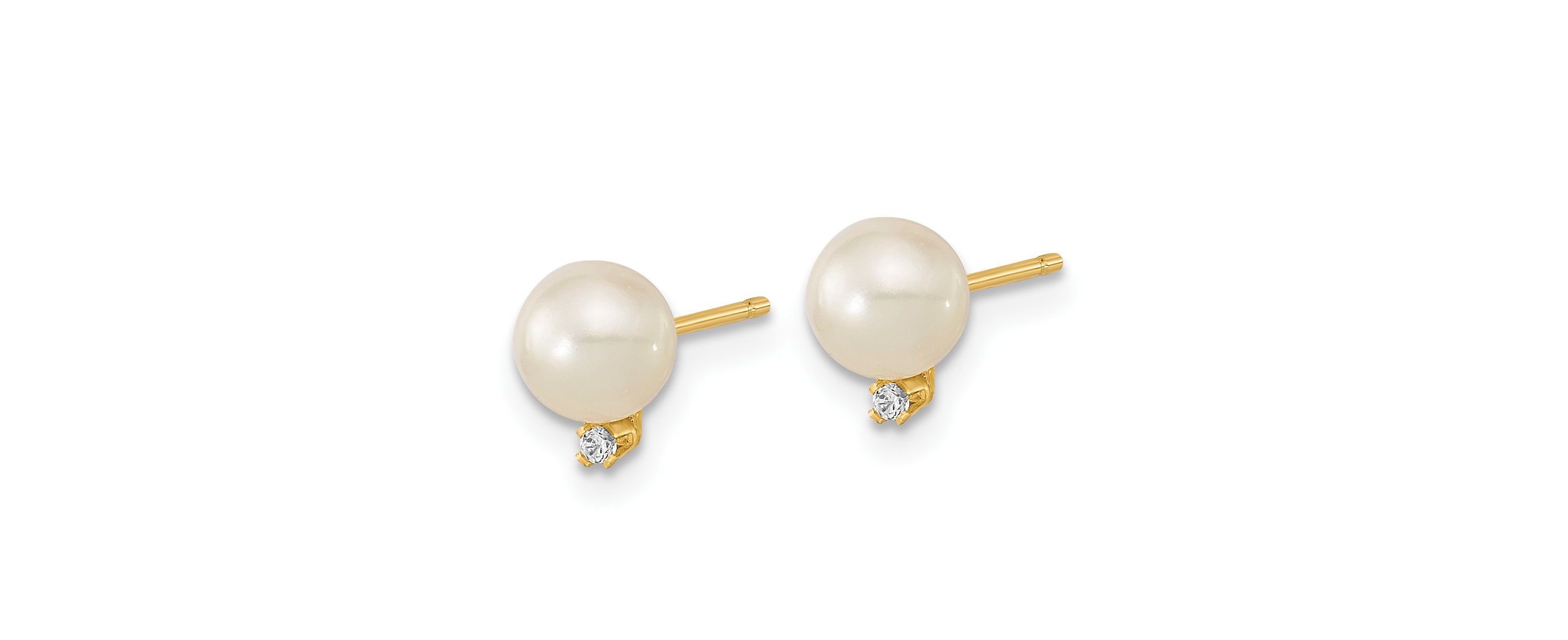 14K Yellow Gold 5-5.5mm White Round Freshwater Cultured Pearl CZ Post Earrings