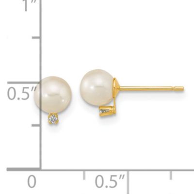 14K Yellow Gold 5-5.5mm White Round Freshwater Cultured Pearl CZ Post Earrings