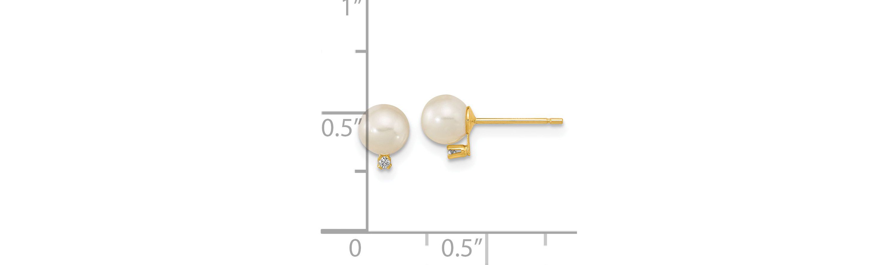 14K Yellow Gold 5-5.5mm White Round Freshwater Cultured Pearl CZ Post Earrings