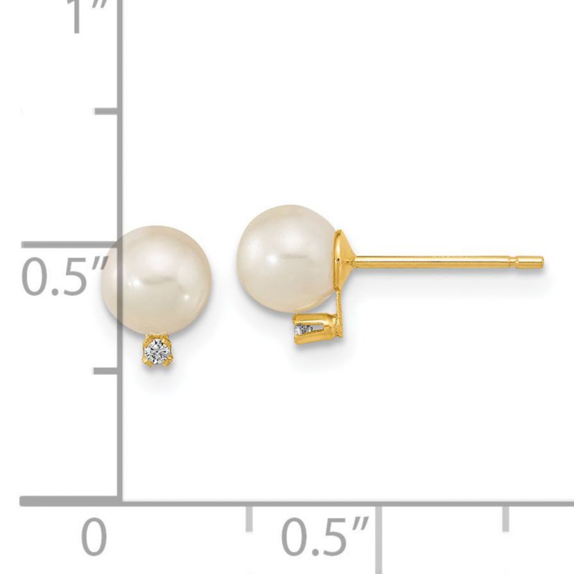 14K Yellow Gold 5-5.5mm White Round Freshwater Cultured Pearl CZ Post Earrings