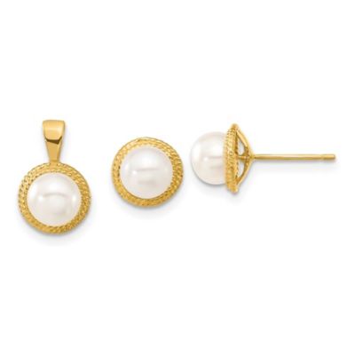 Belk & Co 14K Yellow Gold 5-6mm White Button Freshwater Cultured Pearl Earring and Pendant Set