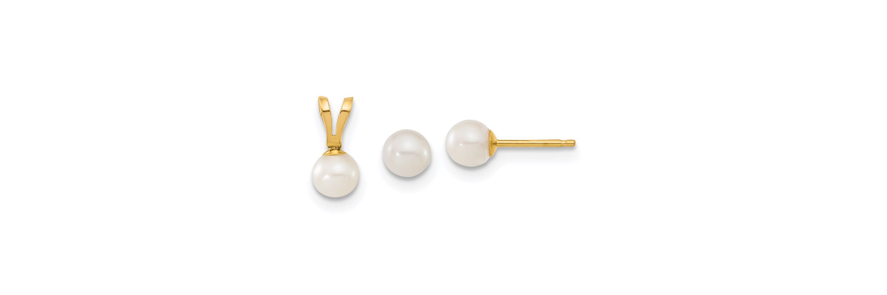 14K Yellow Gold Childrens 4-5mm White Freshwater Cultured Pearl Pendant and Earring Set