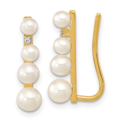 0.016 ct. t.w. Diamond and 3-5mm Freshwater Cultured Pearl Ear Climber Earrings in 14K Yellow Gold