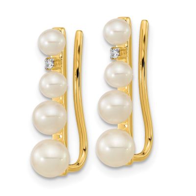 0.016 ct. t.w. Diamond and 3-5mm Freshwater Cultured Pearl Ear Climber Earrings in 14K Yellow Gold