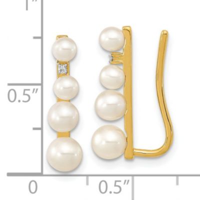 0.016 ct. t.w. Diamond and 3-5mm Freshwater Cultured Pearl Ear Climber Earrings in 14K Yellow Gold