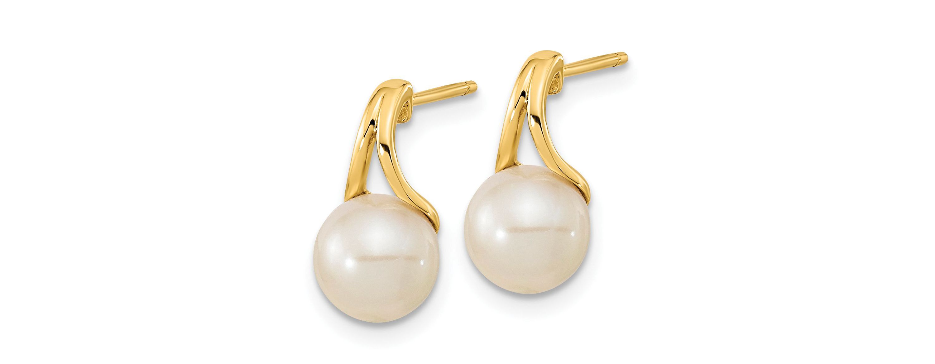 14K Yellow Gold 7-8mm White Round Freshwater Cultured Pearl Post Earrings