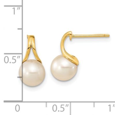 14K Yellow Gold 7-8mm White Round Freshwater Cultured Pearl Post Earrings