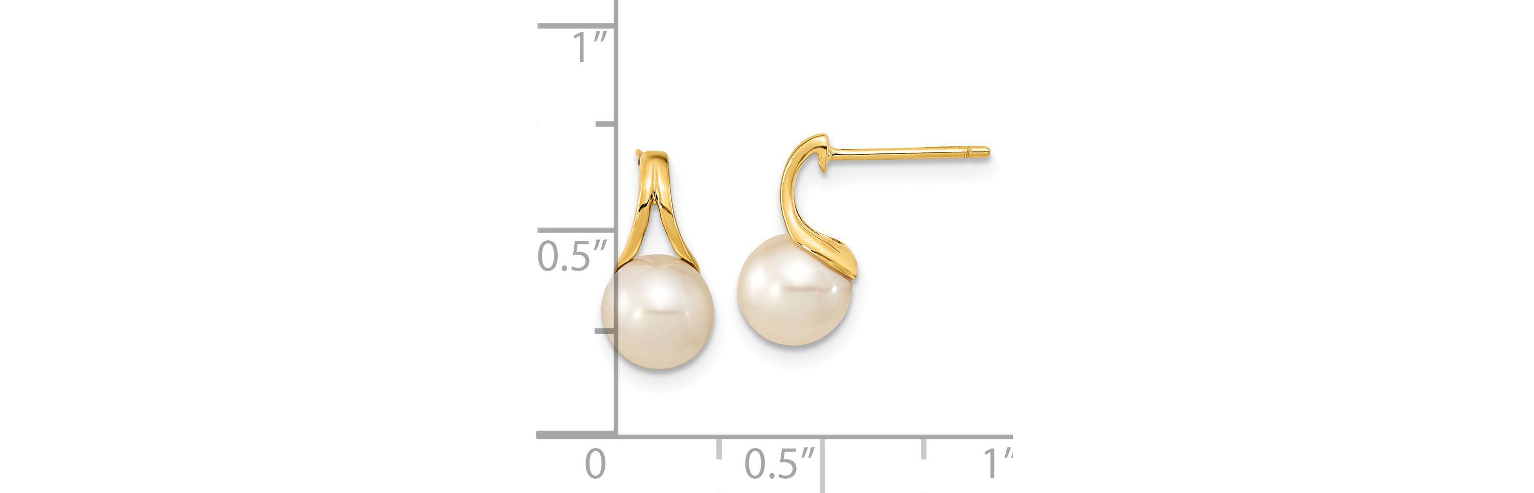 14K Yellow Gold 7-8mm White Round Freshwater Cultured Pearl Post Earrings