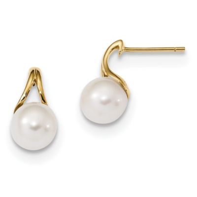 14K Yellow Gold 7-8mm White Round Freshwater Cultured Pearl Post Earrings