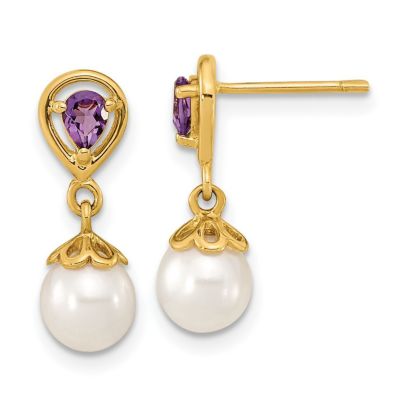Belk & Co 3.08 ct. t.w. Amethyst and 6-7mm White Round Freshwater Cultured Pearl Post Dangle Earrings in 14K Yellow Gold
