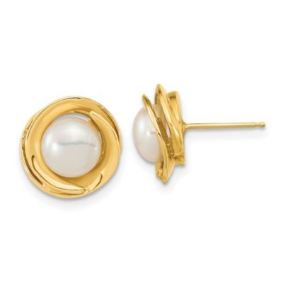 14K Yellow Gold 6-7mm White Button Freshwater Cultured Pearl Post Earrings