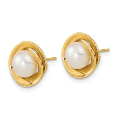 14K Yellow Gold 6-7mm White Button Freshwater Cultured Pearl Post Earrings