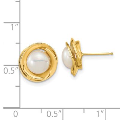 14K Yellow Gold 6-7mm White Button Freshwater Cultured Pearl Post Earrings