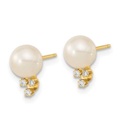 0.06 ct. t.w. Diamond and 6-7mm White Round Freshwater Cultured Pearl Post Earrings in 14K Yellow Gold