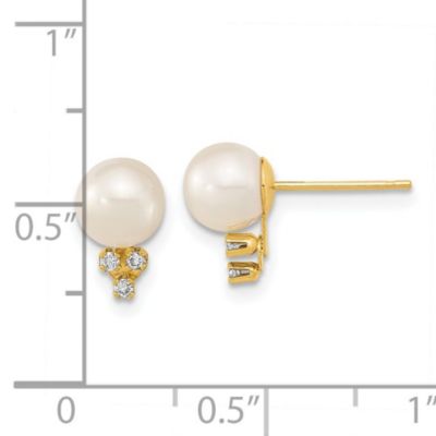 0.06 ct. t.w. Diamond and 6-7mm White Round Freshwater Cultured Pearl Post Earrings in 14K Yellow Gold