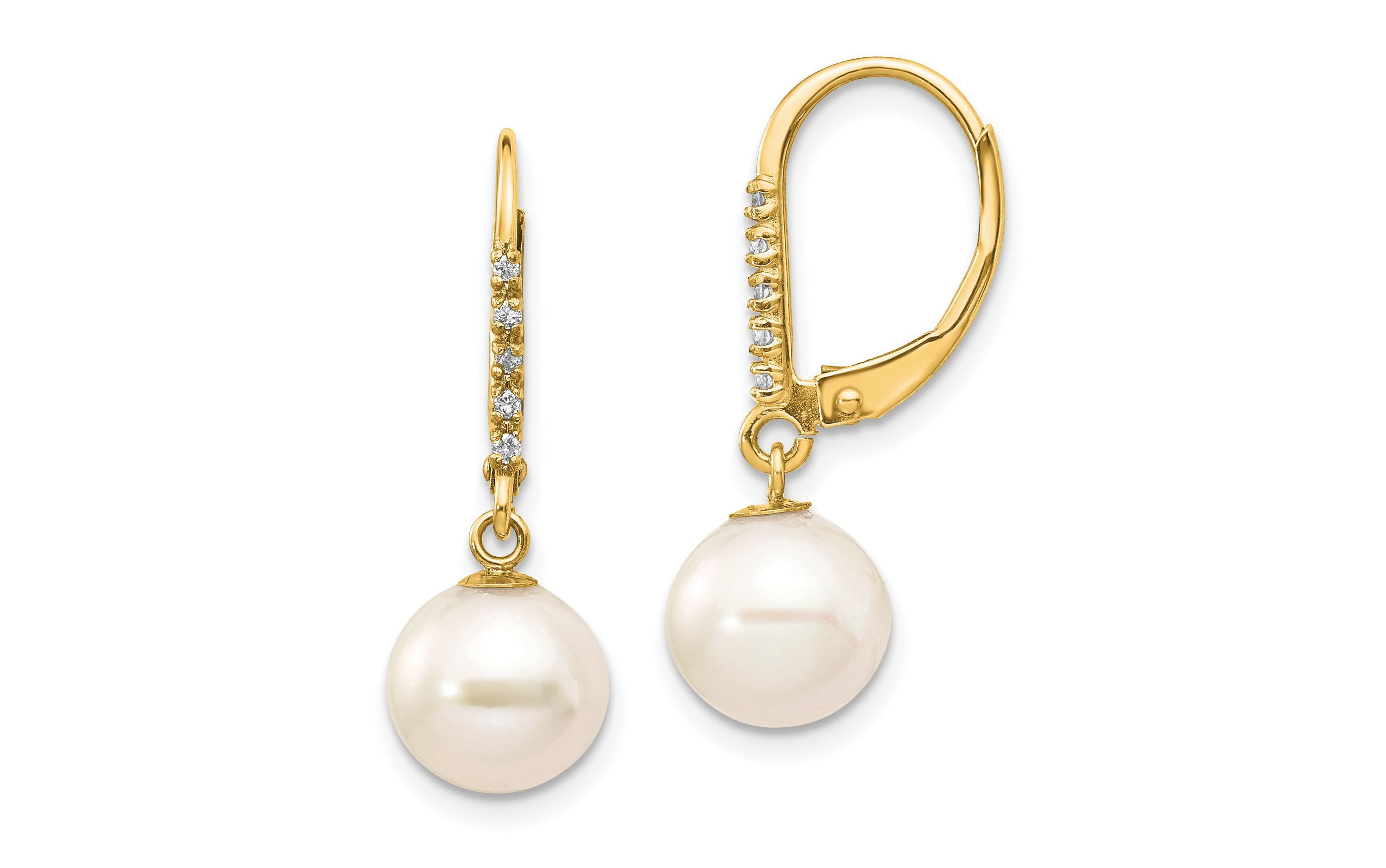 0.05 ct. t.w. Diamond and 6-7mm Round Freshwater Cultured Pearl Leverback Earrings in 14K Yellow Gold
