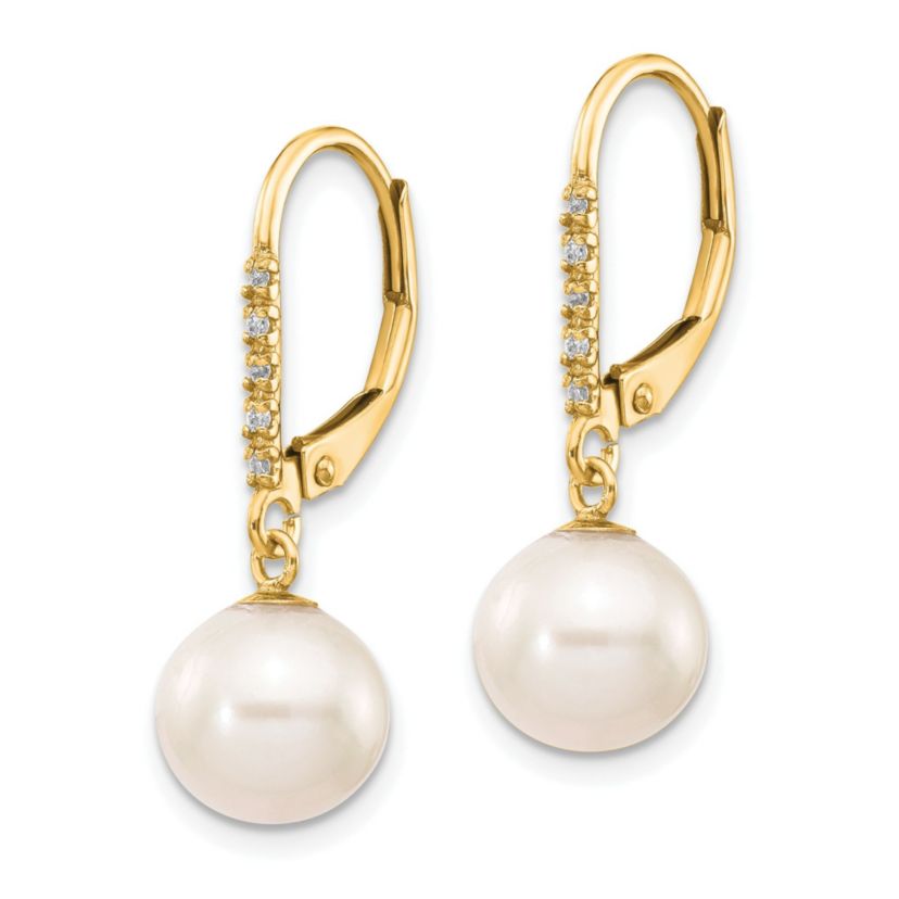 0.05 ct. t.w. Diamond and 6-7mm Round Freshwater Cultured Pearl Leverback Earrings in 14K Yellow Gold