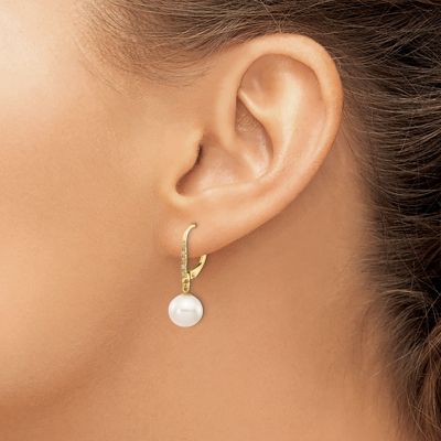 0.05 ct. t.w. Diamond and 6-7mm Round Freshwater Cultured Pearl Leverback Earrings in 14K Yellow Gold