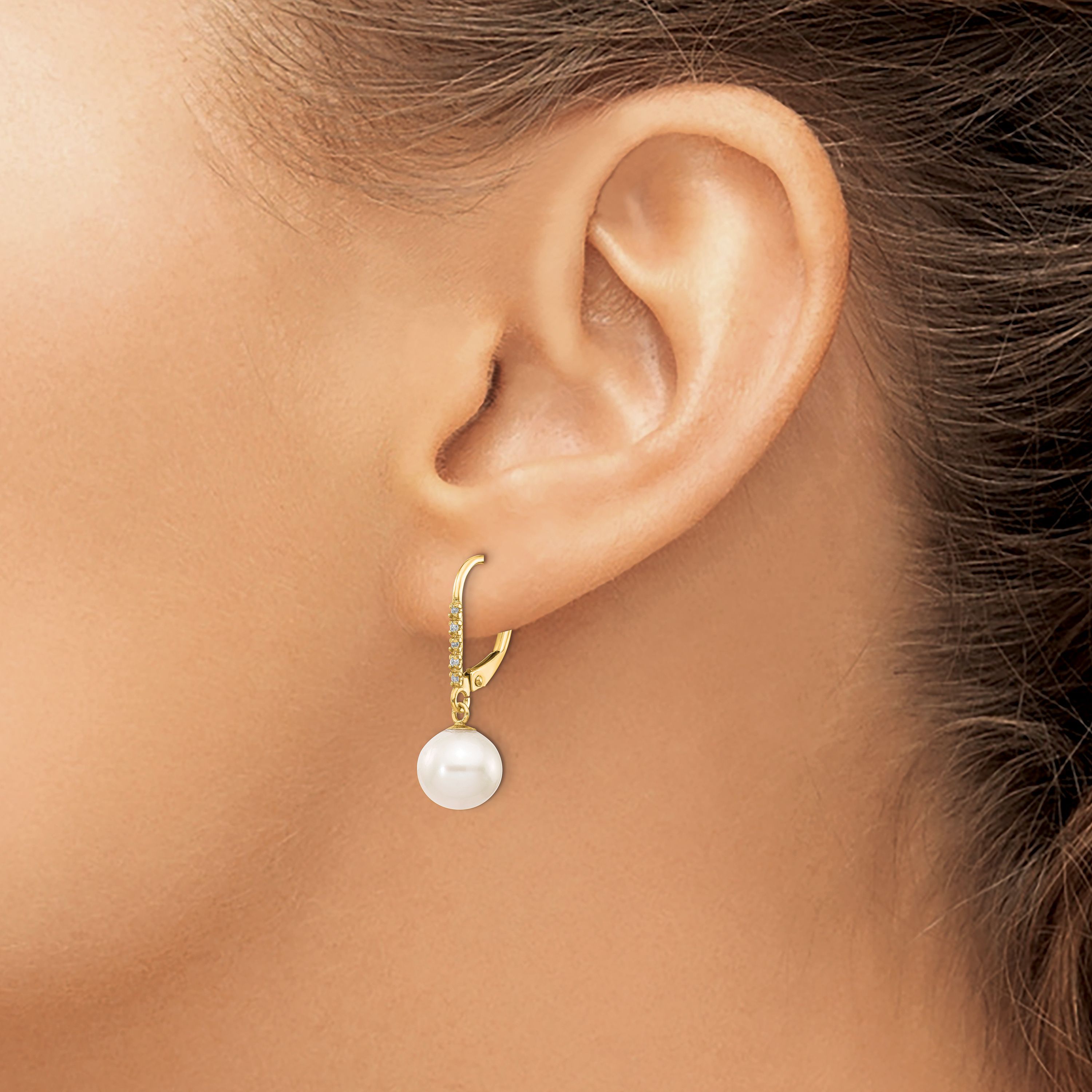 0.05 ct. t.w. Diamond and 6-7mm Round Freshwater Cultured Pearl Leverback Earrings in 14K Yellow Gold