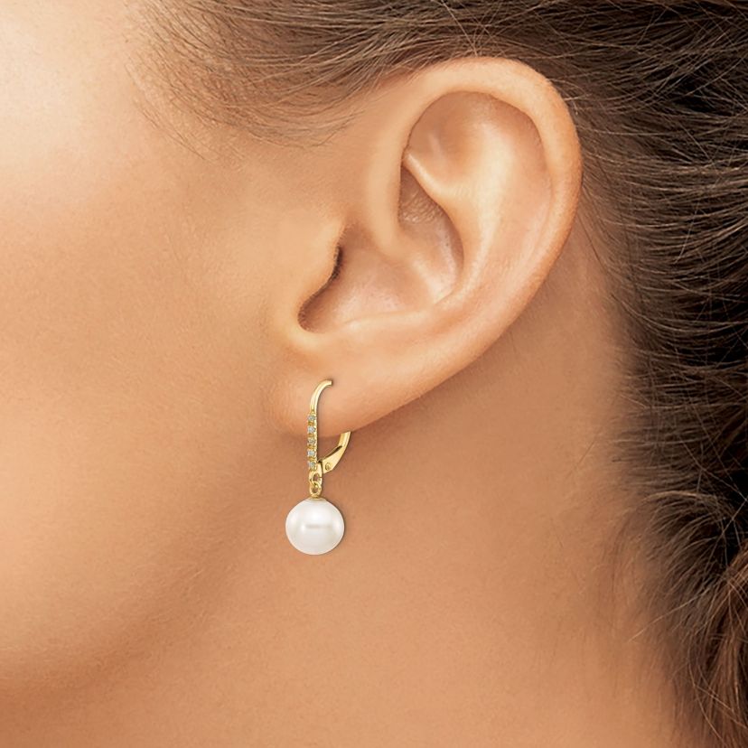 0.05 ct. t.w. Diamond and 6-7mm Round Freshwater Cultured Pearl Leverback Earrings in 14K Yellow Gold