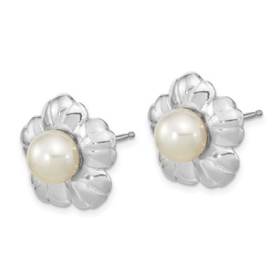 14K White Gold 5-6mm White Button Freshwater Cultured Pearl Flower Post Earrings