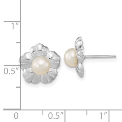 14K White Gold 5-6mm White Button Freshwater Cultured Pearl Flower Post Earrings