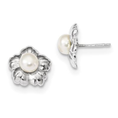 14K White Gold 5-6mm White Button Freshwater Cultured Pearl Flower Post Earrings