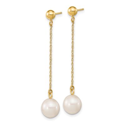 14K Yellow Gold 7-8mm White Round Freshwater Cultured Pearl Dangle Post Earrings