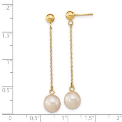 14K Yellow Gold 7-8mm White Round Freshwater Cultured Pearl Dangle Post Earrings