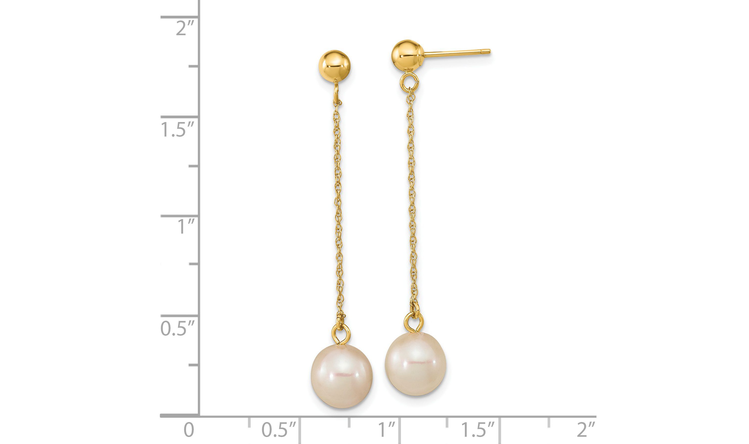 14K Yellow Gold 7-8mm White Round Freshwater Cultured Pearl Dangle Post Earrings