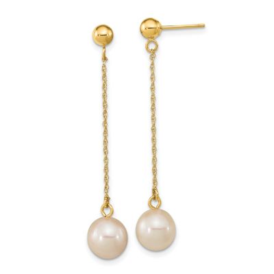 14K Yellow Gold 7-8mm White Round Freshwater Cultured Pearl Dangle Post Earrings