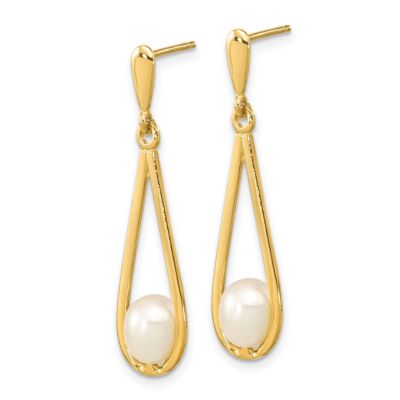 14K Yellow Gold 5-6mm White Rice Freshwater Cultured Pearl Dangle Post Earrings