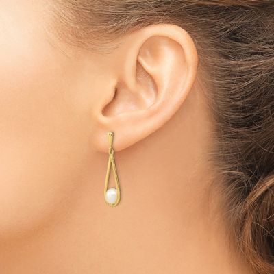 14K Yellow Gold 5-6mm White Rice Freshwater Cultured Pearl Dangle Post Earrings