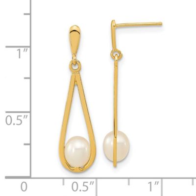 14K Yellow Gold 5-6mm White Rice Freshwater Cultured Pearl Dangle Post Earrings