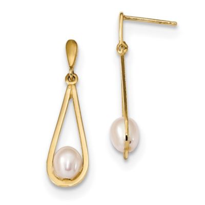 14K Yellow Gold 5-6mm White Rice Freshwater Cultured Pearl Dangle Post Earrings