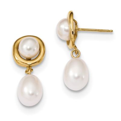 14K Yellow Gold 5-7mm White Button/Rice Freshwater Cultured Pearl Dangle Post Earrings