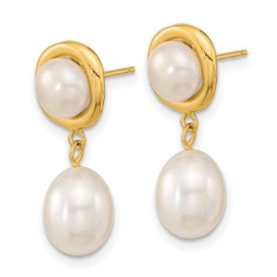 14K Yellow Gold 5-7mm White Button/Rice Freshwater Cultured Pearl Dangle Post Earrings