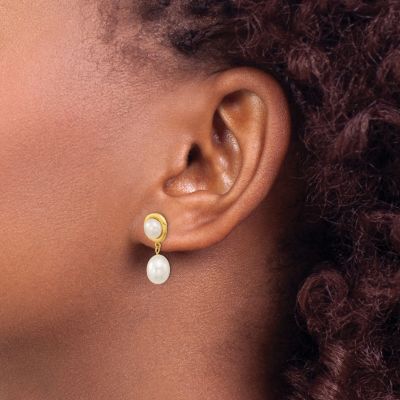 14K Yellow Gold 5-7mm White Button/Rice Freshwater Cultured Pearl Dangle Post Earrings