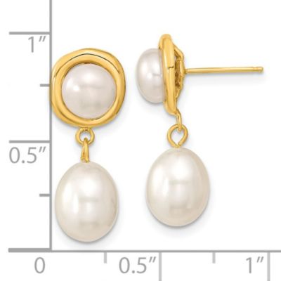 14K Yellow Gold 5-7mm White Button/Rice Freshwater Cultured Pearl Dangle Post Earrings