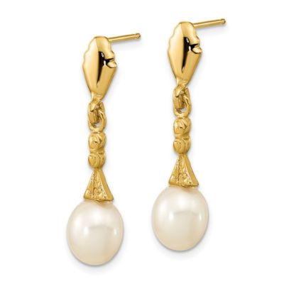 14K Yellow Gold 5-6mm White Teardrop Freshwater Cultured Pearl Dangle Post Earrings