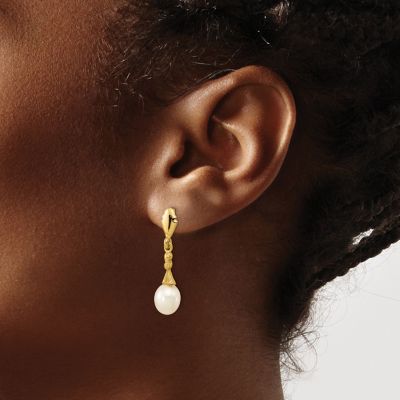 14K Yellow Gold 5-6mm White Teardrop Freshwater Cultured Pearl Dangle Post Earrings