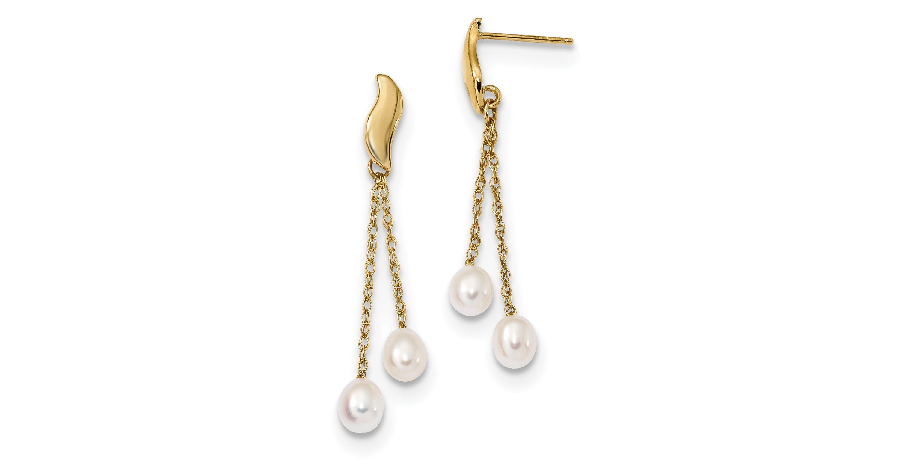 14K Yellow Gold 4-5mm White Rice Freshwater Cultured Pearl Dangle Post Earrings