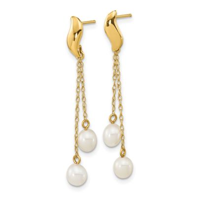 14K Yellow Gold 4-5mm White Rice Freshwater Cultured Pearl Dangle Post Earrings