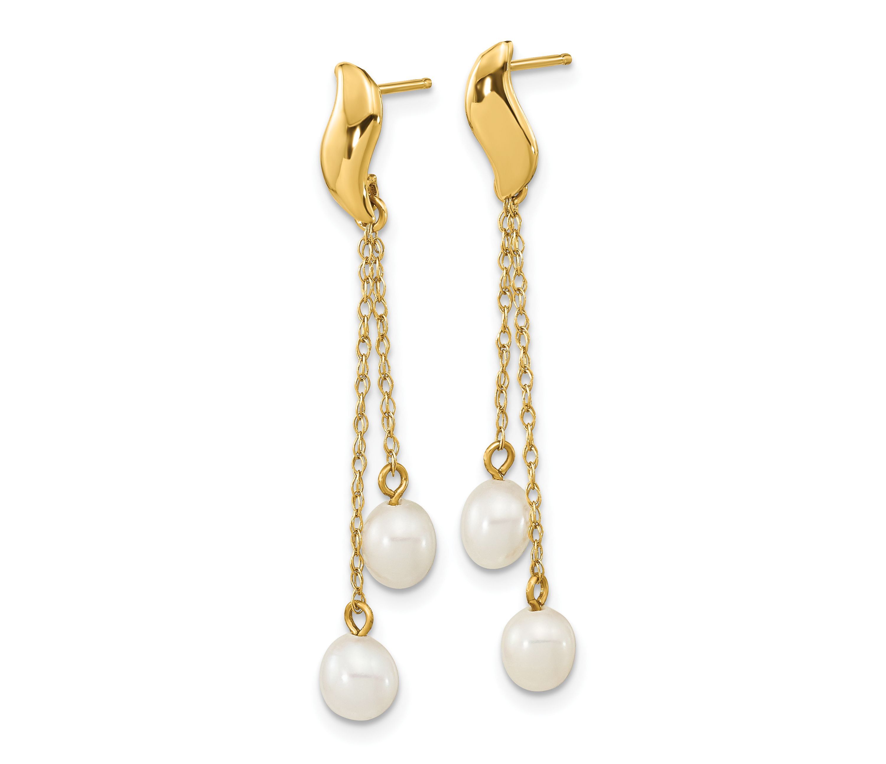 14K Yellow Gold 4-5mm White Rice Freshwater Cultured Pearl Dangle Post Earrings