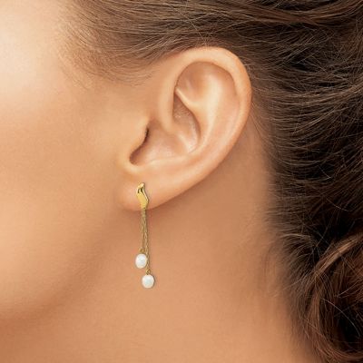 14K Yellow Gold 4-5mm White Rice Freshwater Cultured Pearl Dangle Post Earrings