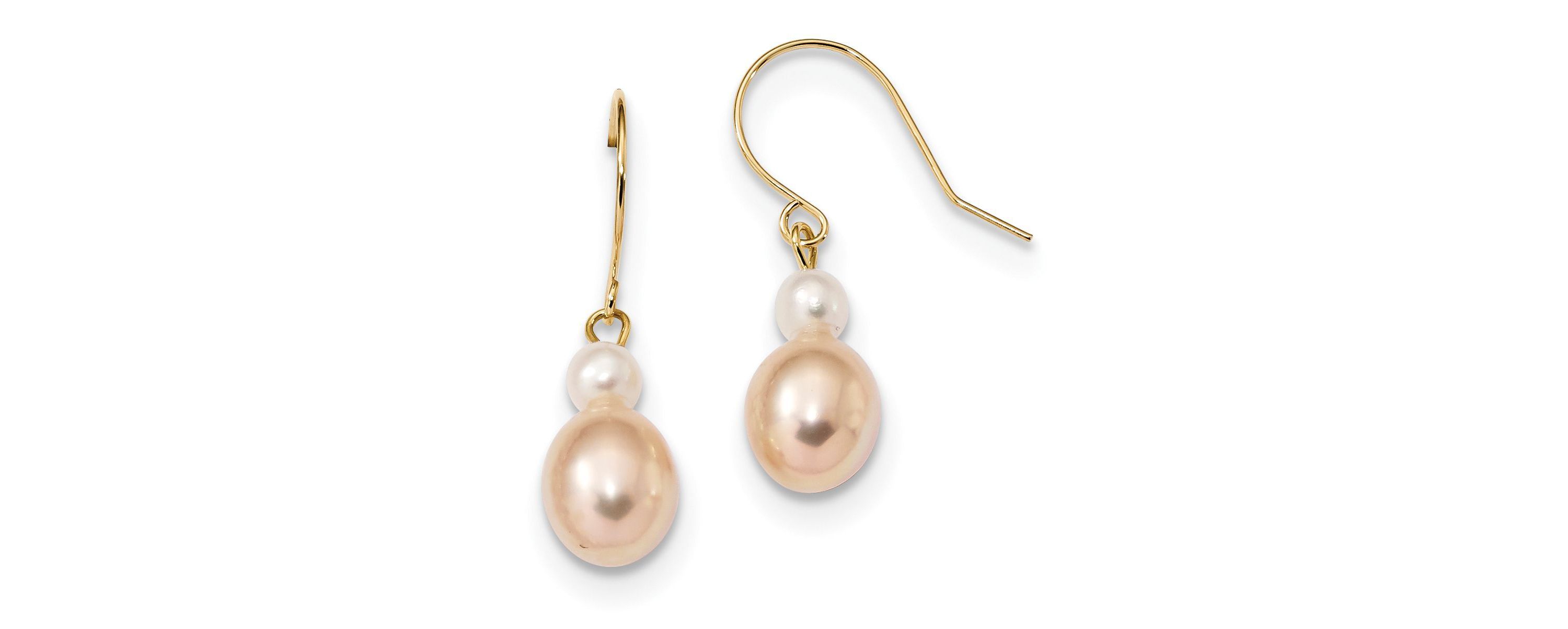 14K Yellow Gold 7-8mm White/Pink Round/Rice Freshwater Cultured Pearl Dangle Earrings