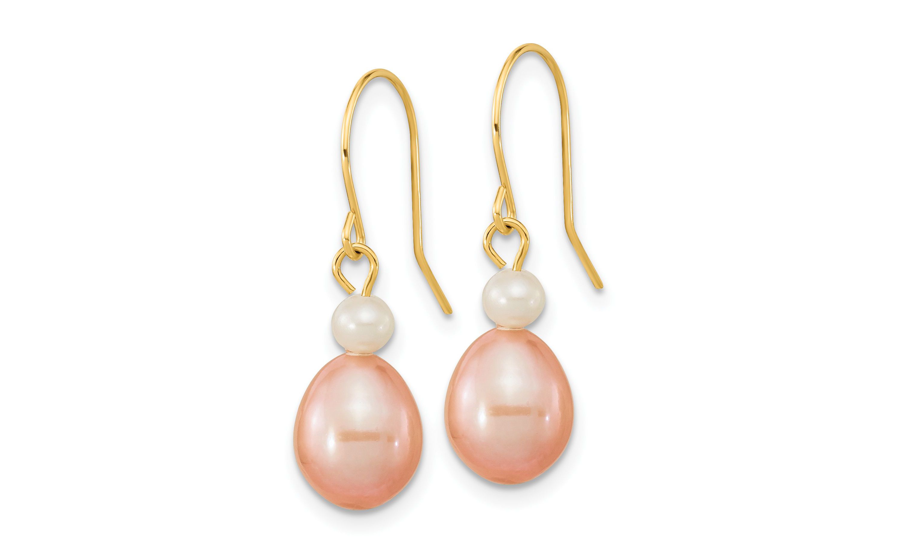 14K Yellow Gold 7-8mm White/Pink Round/Rice Freshwater Cultured Pearl Dangle Earrings